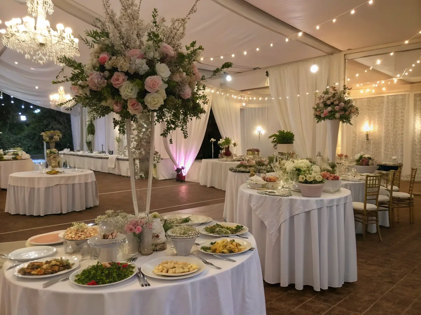 A beautifully decorated event space, set up for a wedding reception. The image highlights elegant floral arrangements, lighting, and table settings.