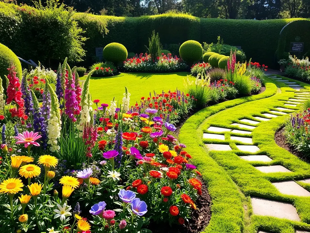 A lush, green garden with vibrant flowers and manicured lawns, showcasing the work of a landscaping professional. The image emphasizes natural beauty and expert design.