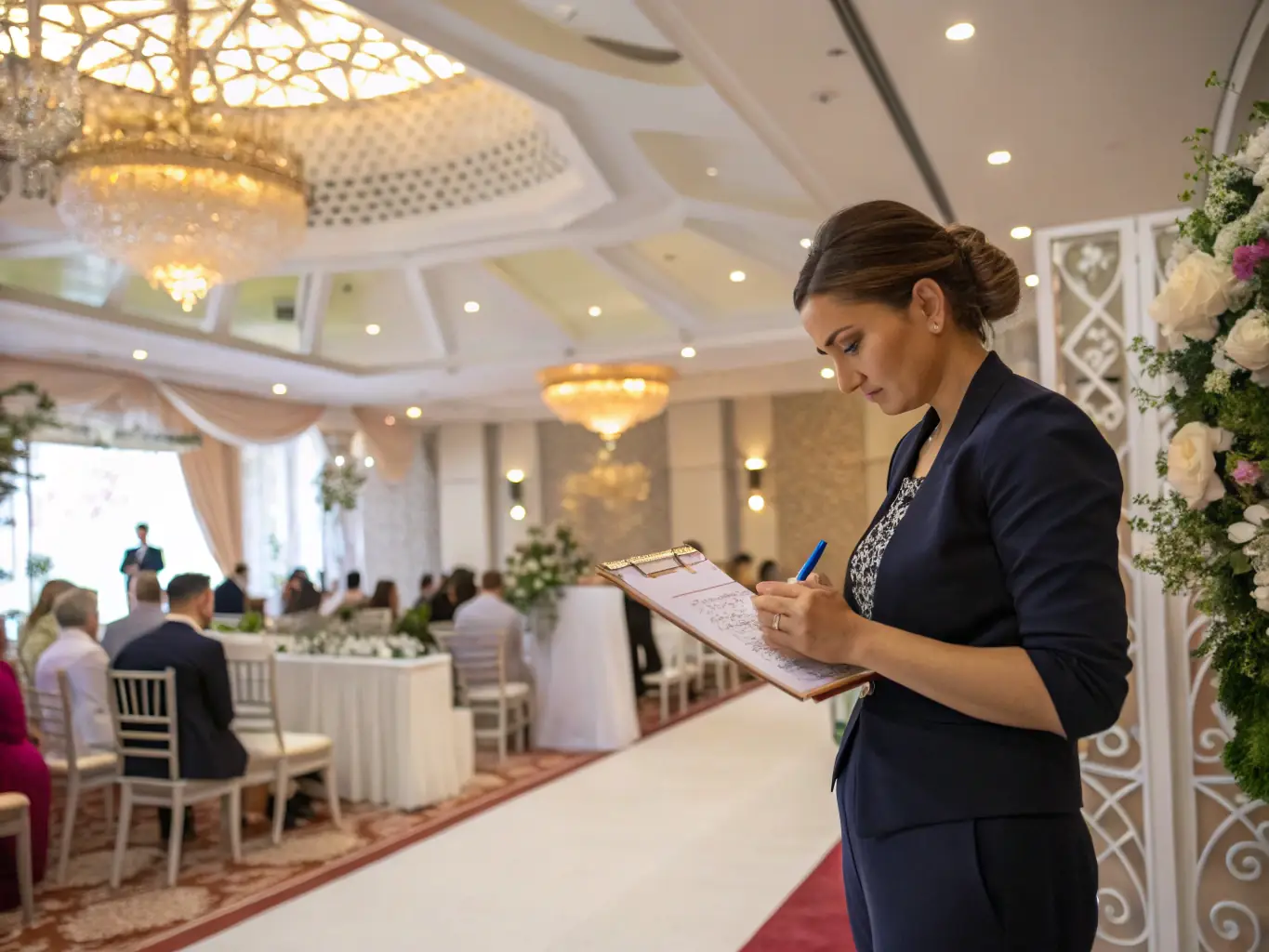 A vibrant image of an event planner coordinating a wedding, showcasing their attention to detail and creative flair.
