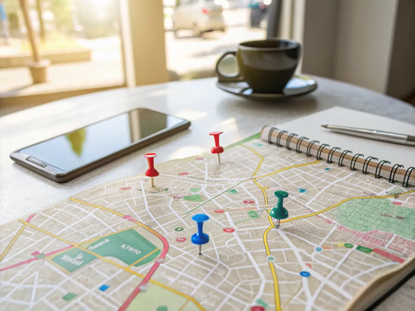 A close-up shot of a magnifying glass hovering over a map pinpointing local businesses, symbolizing the ease of finding local experts on Digital Heavens.