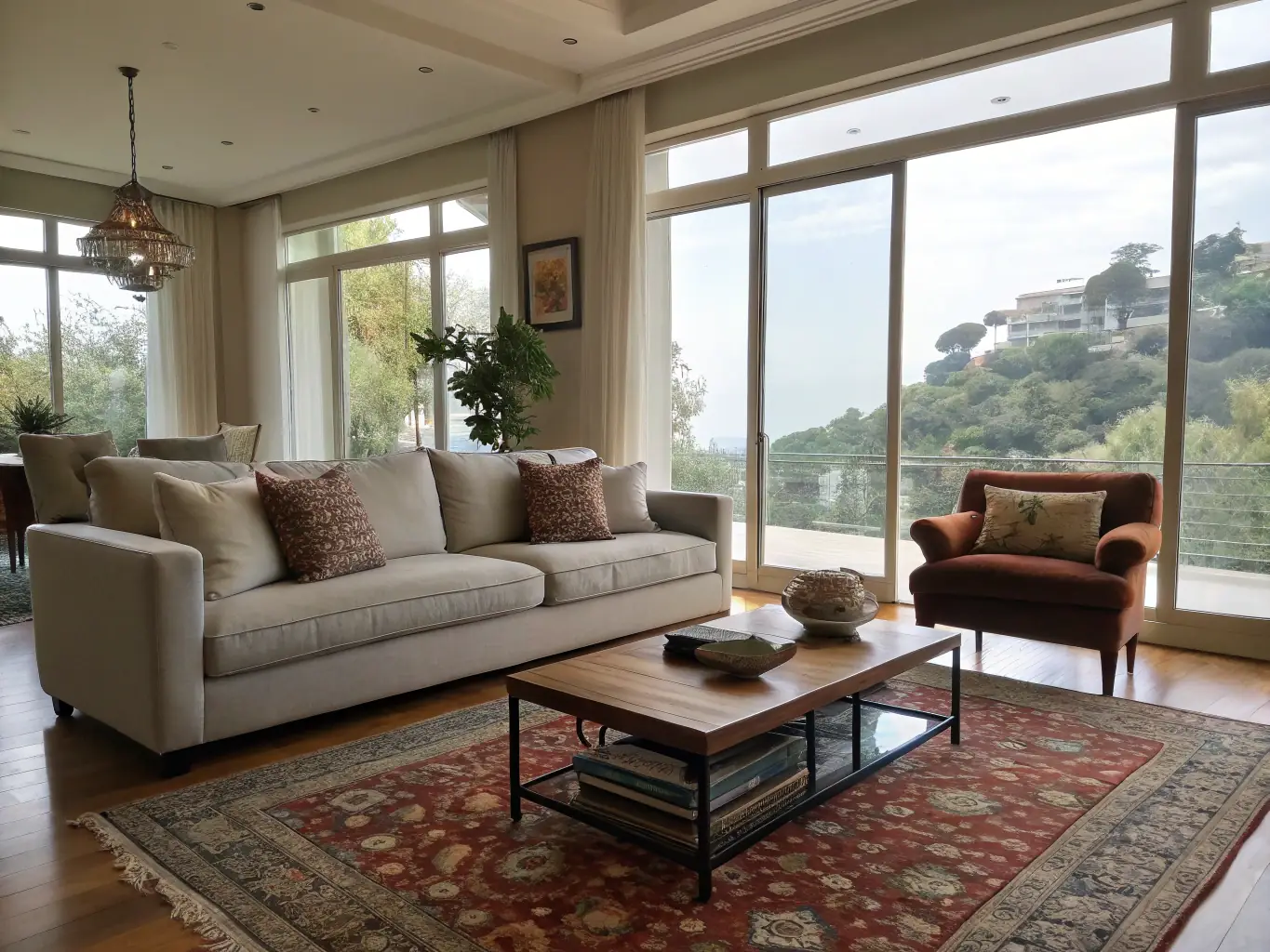 A brightly lit living room with a modern design, showcasing the work of a home renovation professional. The image emphasizes quality craftsmanship and attention to detail.