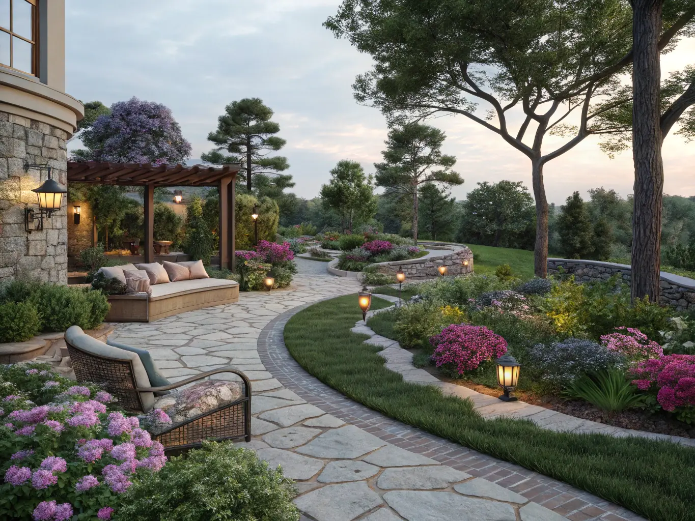 A lush, green garden designed by a landscaping professional, highlighting their expertise in creating beautiful outdoor spaces.